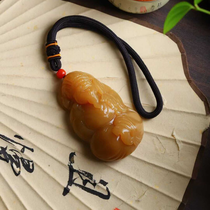 玉器工艺品天然新疆和田玉且末糖料老料满糖色财神@手把件送证书