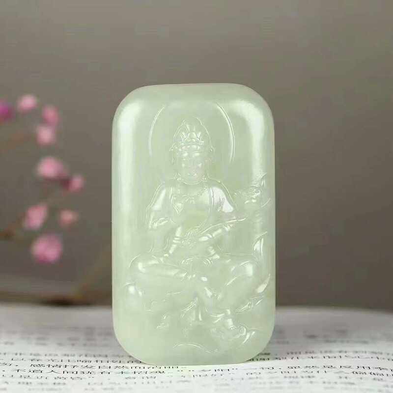玉器工艺品天然新疆和田玉青海料老料晴水色莲花观音吊坠男式挂件