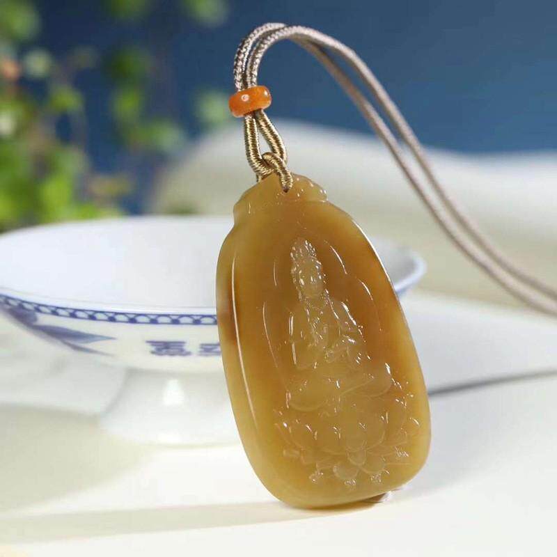 玉器工艺品天然新疆和田玉俄料老料满糖色莲花观音吊坠男款玉挂件