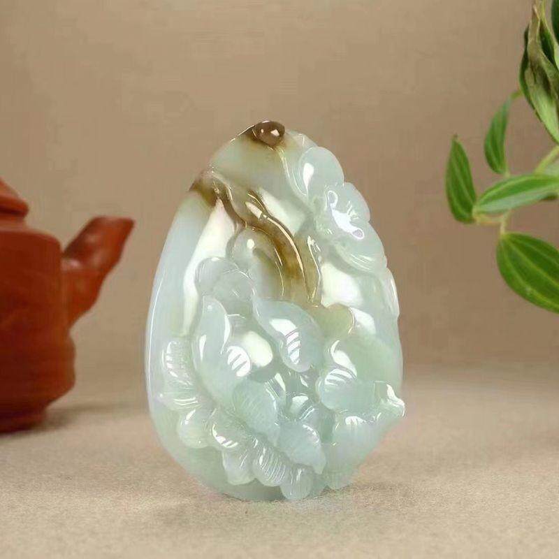 玉器工艺品天然新疆和田玉且末料糖青白玉玉石牡丹花吊坠送证书