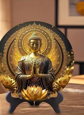 现货释迦牟尼佛像坐像圆形相框木质摆件客厅玄关茶桌桌面装饰摆台