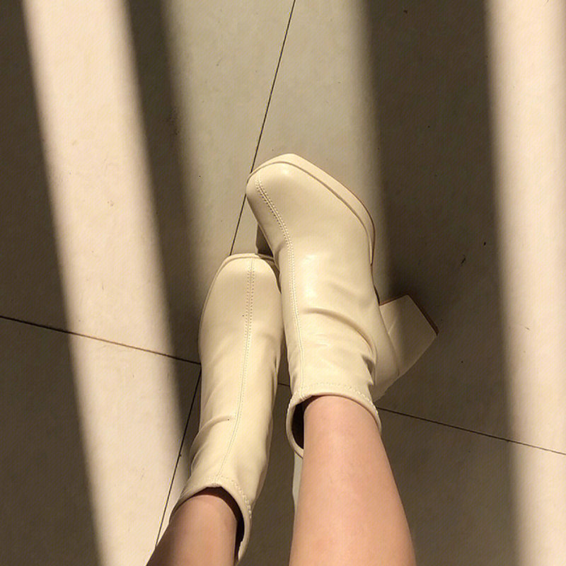 WESTERN-STYLE SMALL SHORT BOOTS WOMENS WATERPROOF PLATFORM HIGH-HEELED SMALL HEIGHT INCREASE AUTUMN AND WINTER NEW LEATHER SOFT WHITE BOOTS THICK-SOLED SHOES