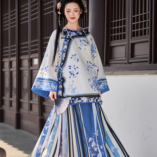 原创新中式格格服装晚清汉服少奶奶青花瓷上衣马面裙中国风套装女