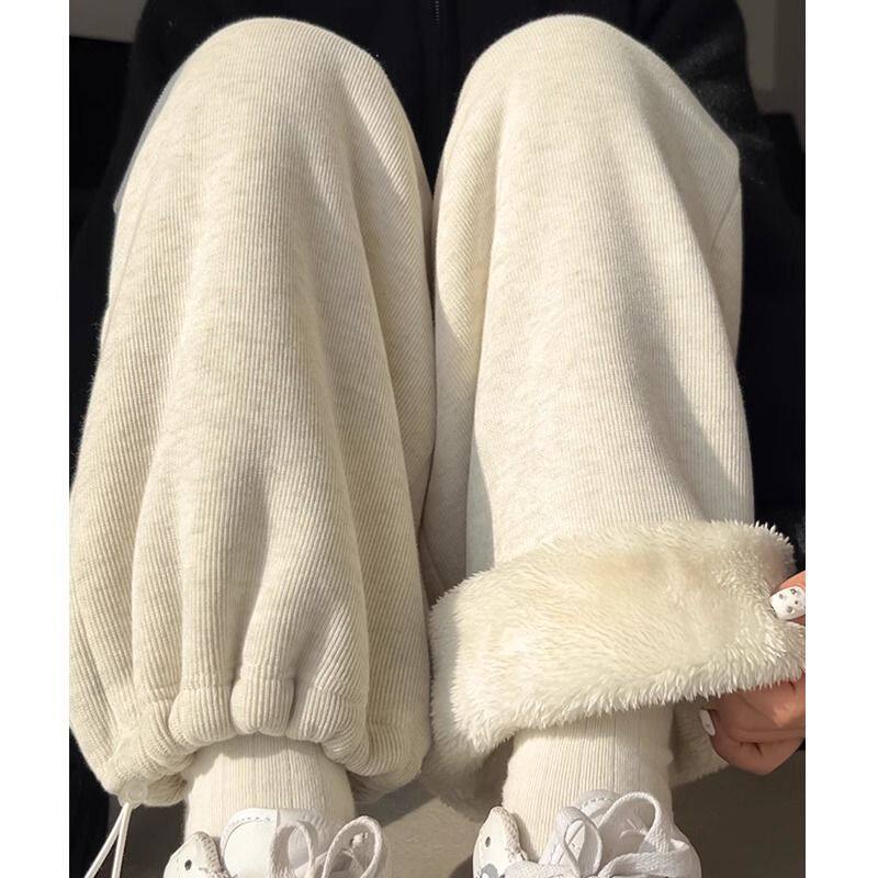 白色羊羔绒运动裤女裤2025新款束脚休闲小个子秋冬季加绒加厚卫裤