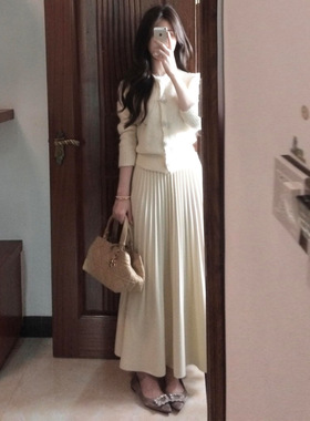 韩系米白色毛呢百褶半身裙女秋季新款高腰显瘦a字气质高级感伞裙