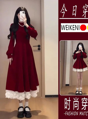 时尚赫本风连衣裙女2024秋冬新款新年圣诞穿搭收腰长款拼接A字裙