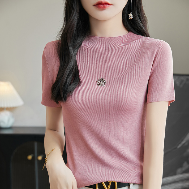 修身薄款短袖女曲珠冰丝t恤丝滑针织打底衫25夏季新款半高领 上衣