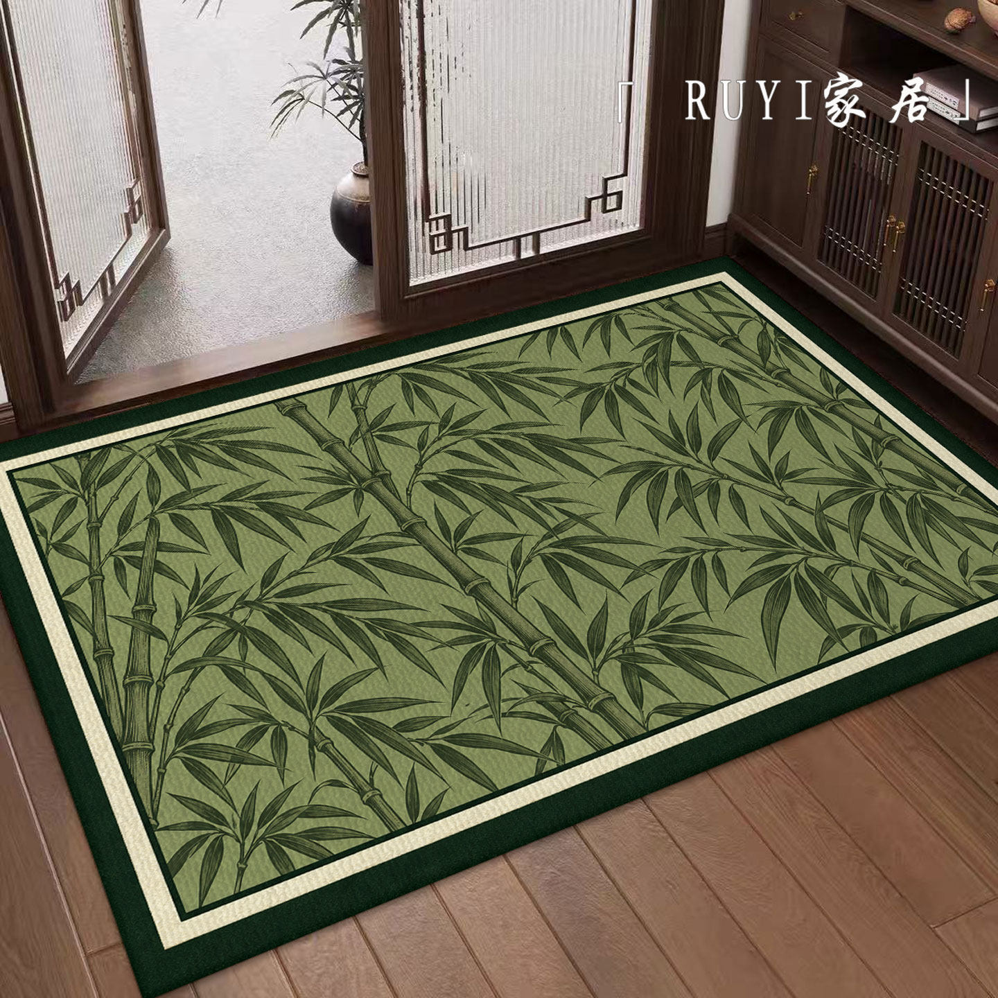 意式轻奢绿色富贵竹进门入户地垫高级感客厅地毯加厚比利时绒脚垫