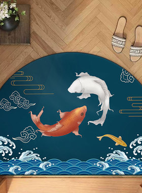 蓝色双鱼锦鲤入户地垫半圆形进门脚垫家用玄关大门口防滑耐磨地毯