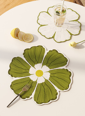 绿色黄色餐垫北欧花朵隔热餐桌垫皮革防水防油锅垫高颜值碗垫免洗