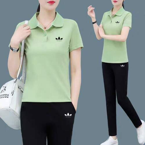 运动套装女夏季2026新款POLO领时尚妈妈装短袖冰丝休闲长裤两件套