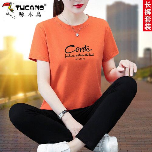 纯棉运动套装女2026夏季新款短袖长裤中年妈妈宽松休闲圆领两件套
