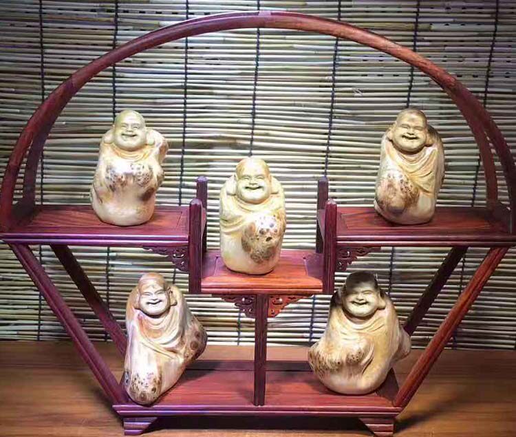 精品太行崖柏手工雕刻集五福弥勒摆件收藏一物一拍