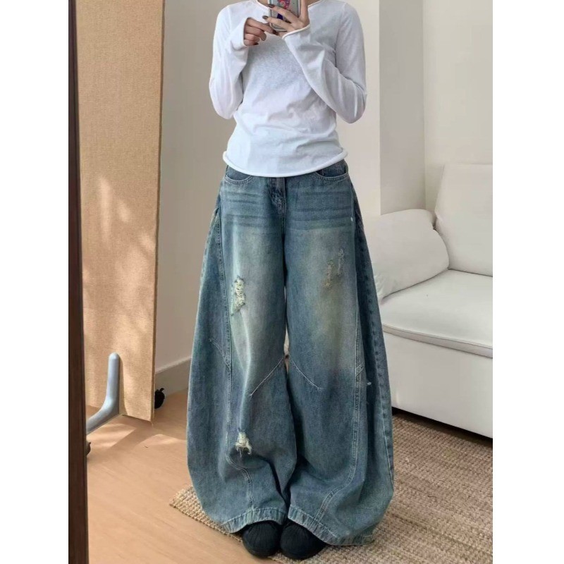 百搭韩版中性通勤阔腿牛仔裤女秋高腰宽松显瘦拖地牛仔裤潮流休闲