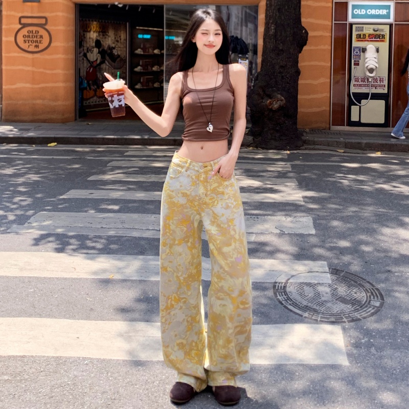 复古扎染彩绘印花阔腿牛仔裤女春夏新款洋气休闲百搭直筒拖地长裤
