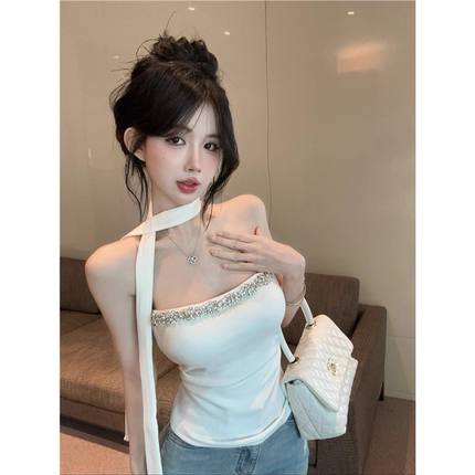 镶钻挂脖吊带背心女秋冬纯欲性感一字肩抹胸上衣带胸垫打底衫内搭
