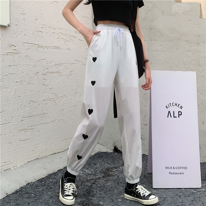 Real price elastic waist drawstring lace up casual pants women's loose embroidery slim quick drying pants sports pants