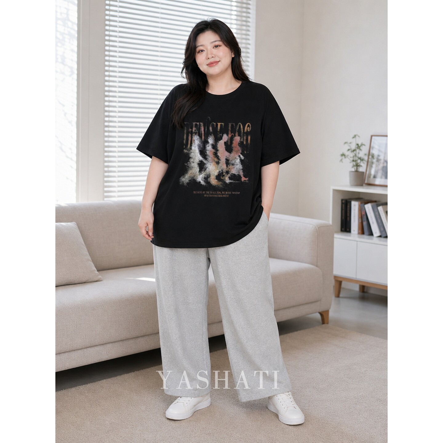娅莎媞大码女装 200斤胖mm美式复古印人物夏季潮宽松短袖T恤 女