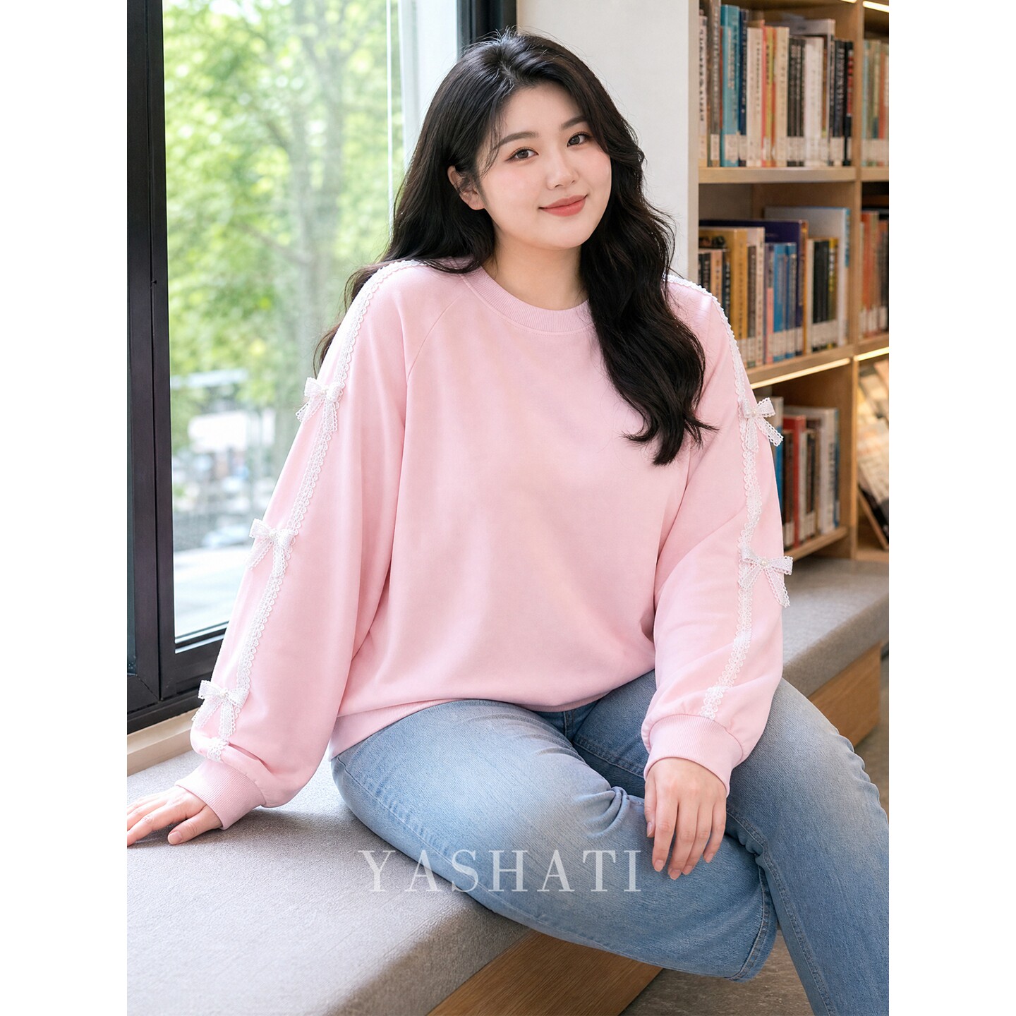 娅莎媞大码女装 200斤胖mm特大码甜美蝴蝶结蕾丝拼接卫衣上衣 女