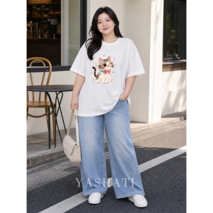 娅莎媞大码女装 200斤胖mm可爱卡通猫咪印花圆领短袖T恤上衣 女