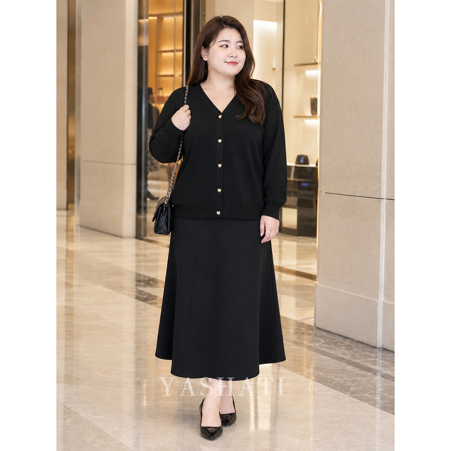 娅莎媞大码女装200斤胖mm秋季老钱风V领长袖针织毛衣开衫外套女