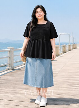 娅莎媞大码女装 慵懒风200斤特大码胖mm时髦方领泡泡袖T恤上衣 女