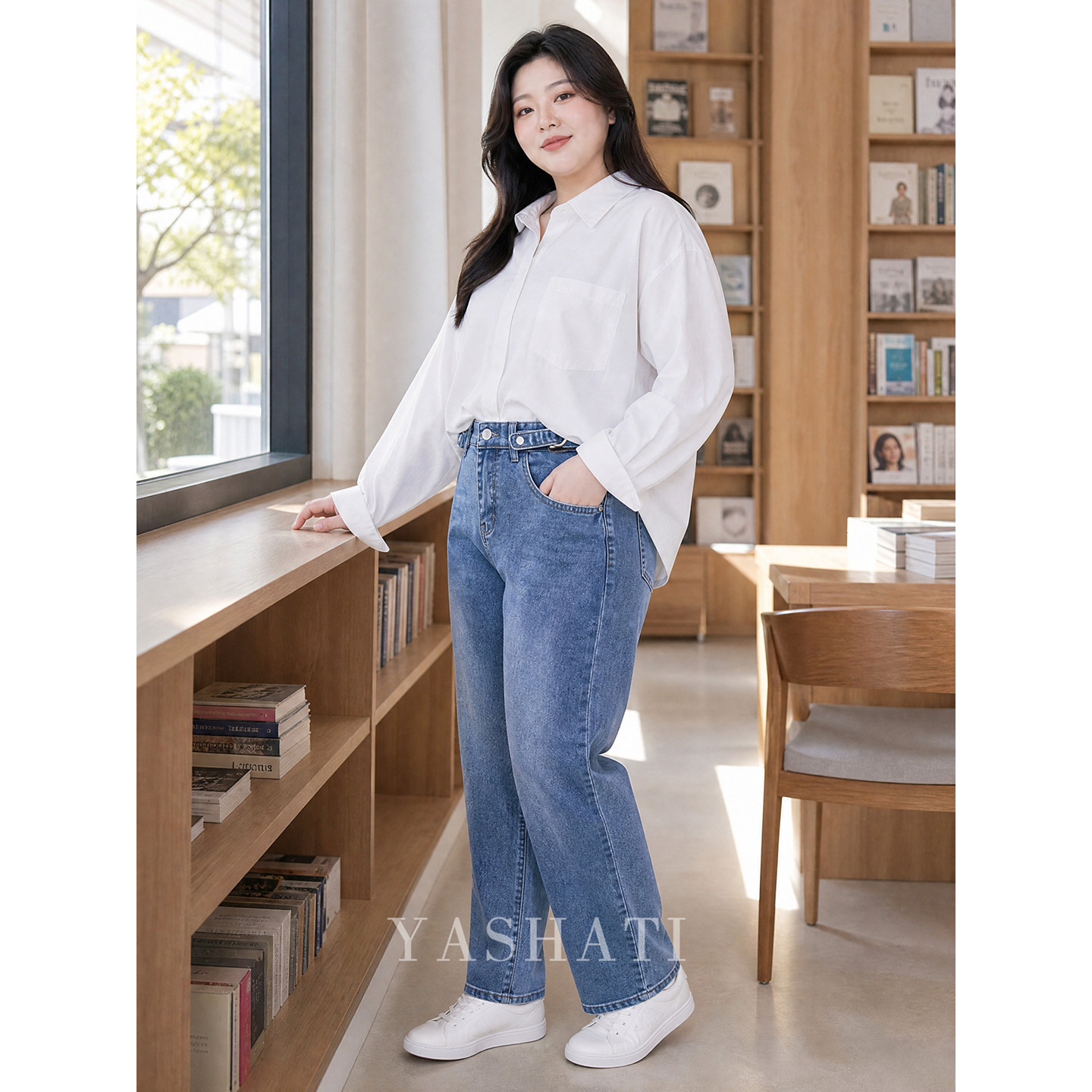 娅莎媞大码女装 200斤胖mm高腰宽松显瘦直筒牛仔裤休休闲裤 女