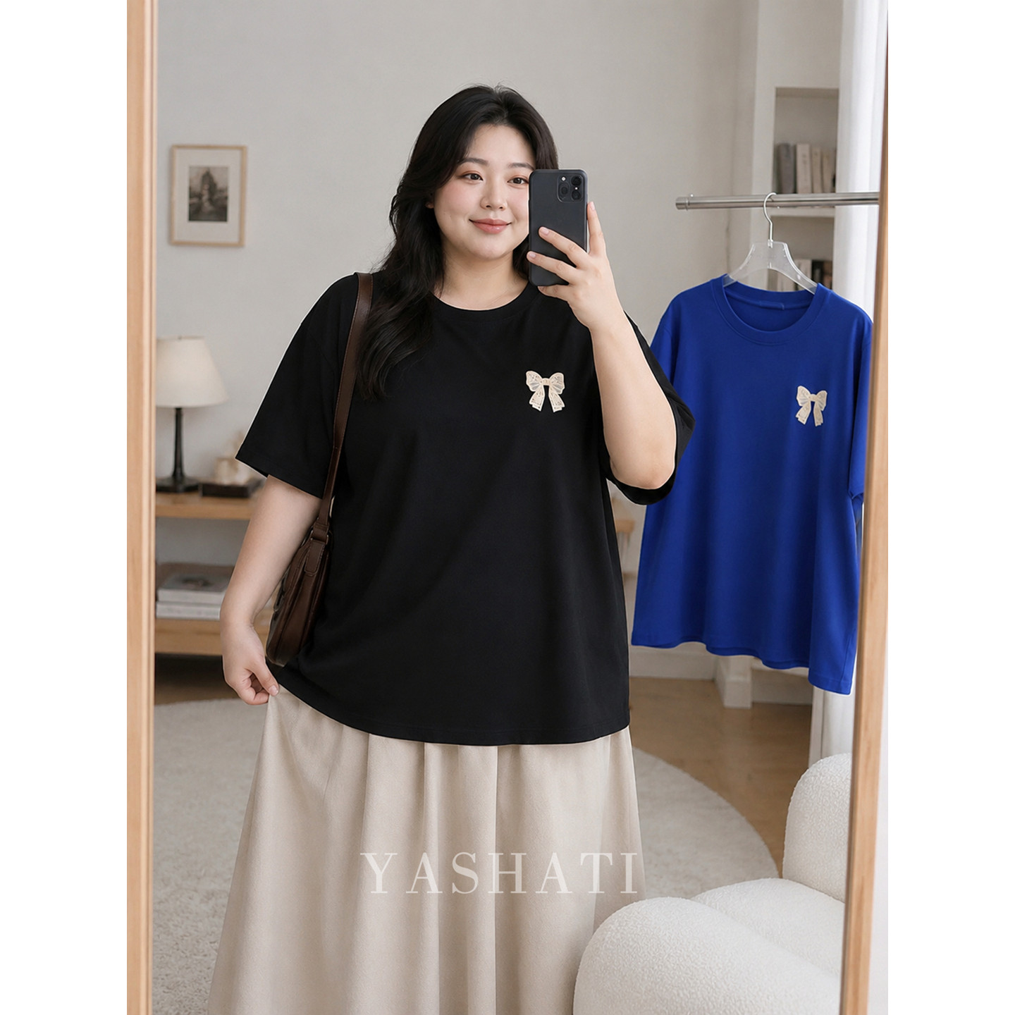 娅莎媞大码女装 200斤mm宽松遮肉显瘦蝴蝶结圆领短袖T恤上衣 女