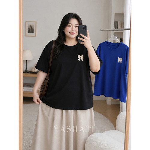 娅莎媞大码女装 200斤mm宽松遮肉显瘦蝴蝶结圆领短袖T恤上衣 女