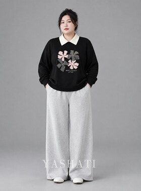 娅莎媞大码女装200斤胖mm时髦黑色花朵印花假两件翻领长袖卫衣女