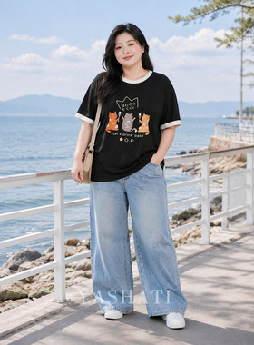 娅莎媞大码女装 200斤胖mm卡通印花宽松遮肉显瘦圆领T恤上衣 女
