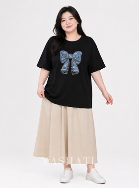 娅莎媞大码女装 200胖妹妹遮肉显瘦蝴蝶结烫钻短袖T恤上衣 女