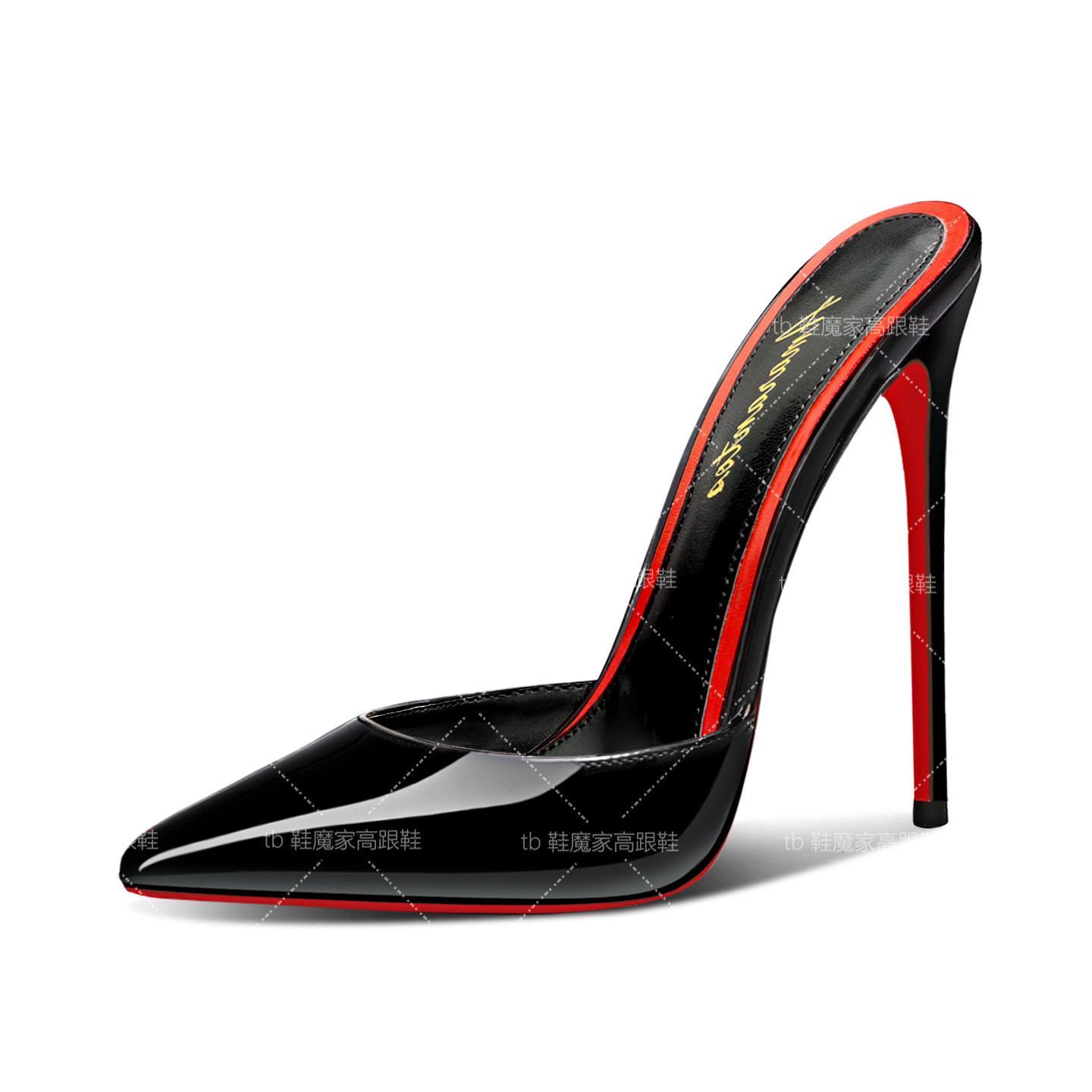 2026新款黑色包头凉鞋女尖头红底高跟鞋超细跟一字后空半拖鞋外穿