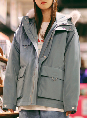 PSO Brand 冬季男女加厚保暖毛领工装棉服多口袋短款防风棉衣外套