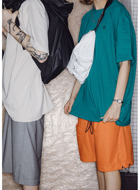 CELL AGING 春夏男女宽松剪裁落肩刺绣纯色百搭T恤嘻哈潮牌短袖