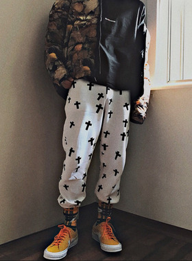 NECY十字印花大码运动束腿裤街头潮牌纯棉休闲裤男女同款宽松卫裤