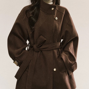 QDQD 复古高级感立领毛呢外套秋冬新款系带收腰显瘦气质棕色大衣