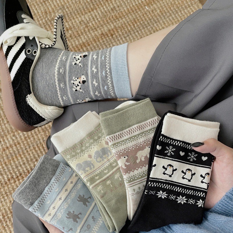 复古费尔岛袜子女中筒袜秋冬款可爱ins潮卡通动物无骨堆堆袜长袜
