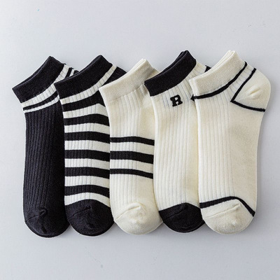 黑白条纹袜子女短袜夏季薄款ins潮百搭高颜值运动简约字母R船袜女