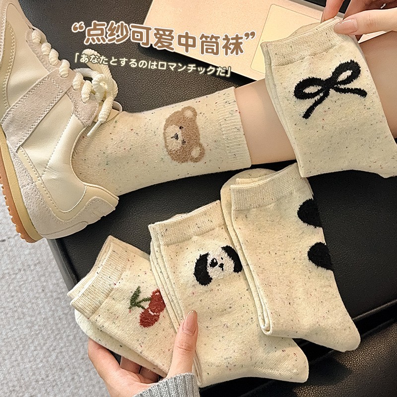 袜子女中筒袜点子纱纯色秋冬款可爱小熊ins潮韩国卡通日系彩点袜