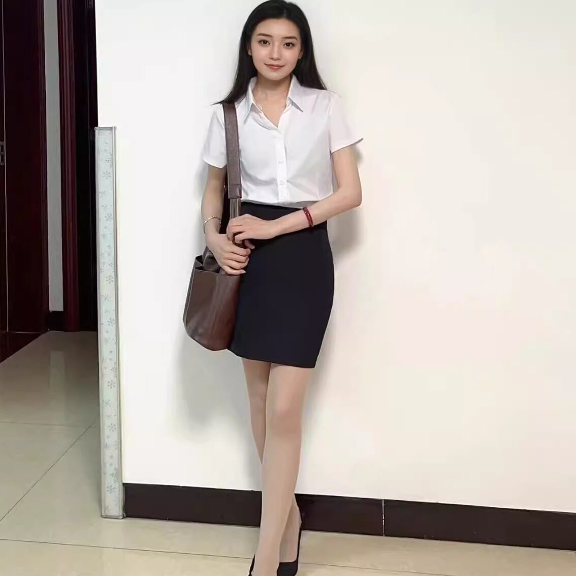 竹纤维防走光纯白V领衬衫纯棉短袖女OL职业工装免烫大码长袖衬衣