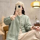 YM8049新款 提花复古盘扣宽松立领棉衣 亚麻棉衣夹棉混纺双面中式