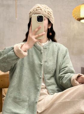 YM8049新款亚麻棉衣夹棉混纺双面中式提花复古盘扣宽松立领棉衣