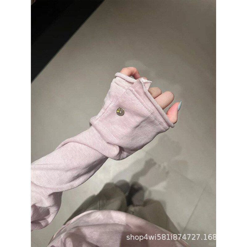 浅粉色卷边纽扣雪花棉长袖2026秋季新款t恤女宽松韩版慵懒风上衣