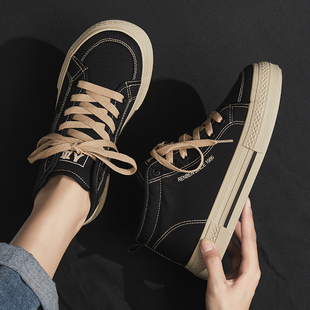 人本高帮加绒帆布鞋女2025冬季新款百搭中帮板鞋厚底高邦保暖棉鞋