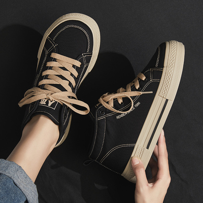 人本高帮加绒帆布鞋女2025冬季新款百搭中帮板鞋厚底高邦保暖棉鞋