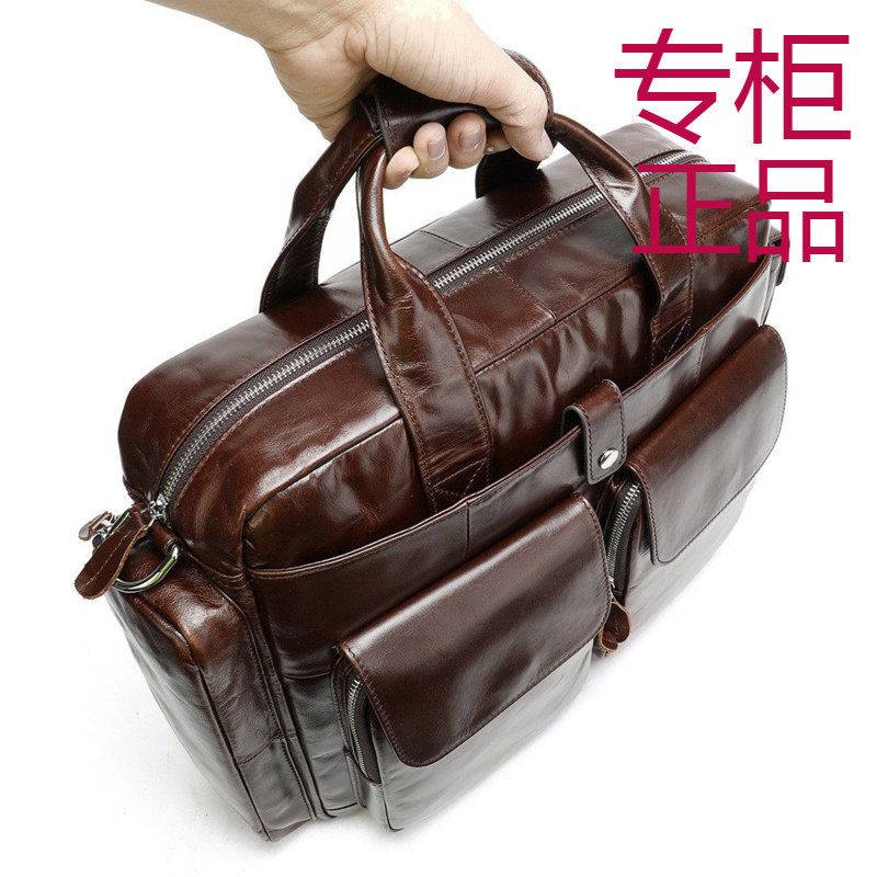 ㊣厂家直销真皮男士商务手提包大容量出差公文包耐磨油蜡皮男挎包