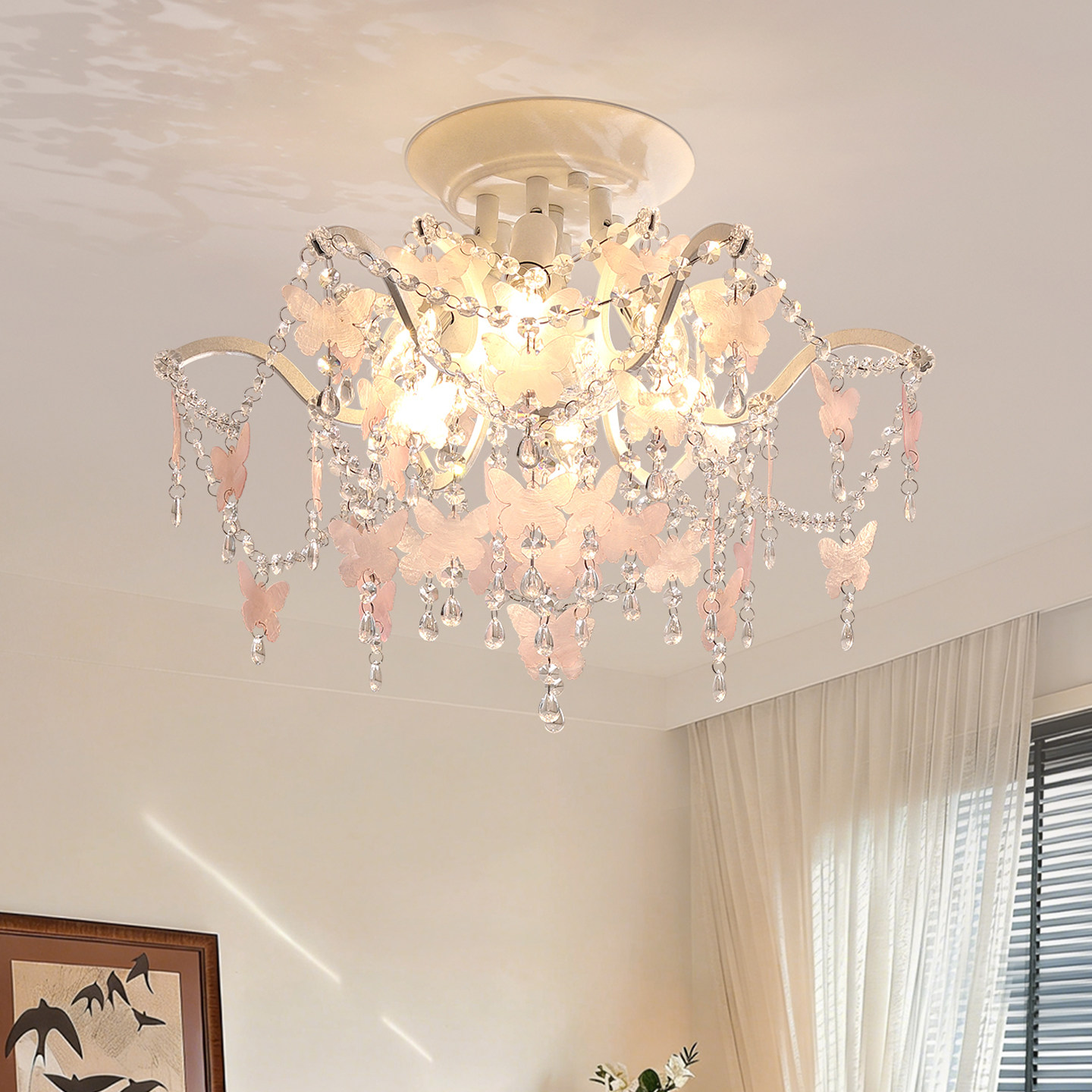 法式粉色水晶吸顶灯卧室灯儿童房间灯贝壳蝴蝶流苏浪漫客厅主灯具,家装灯饰光源,餐厅/卧室/书房吸顶灯,淘宝优惠券,粉丝福利购,淘宝优惠卷