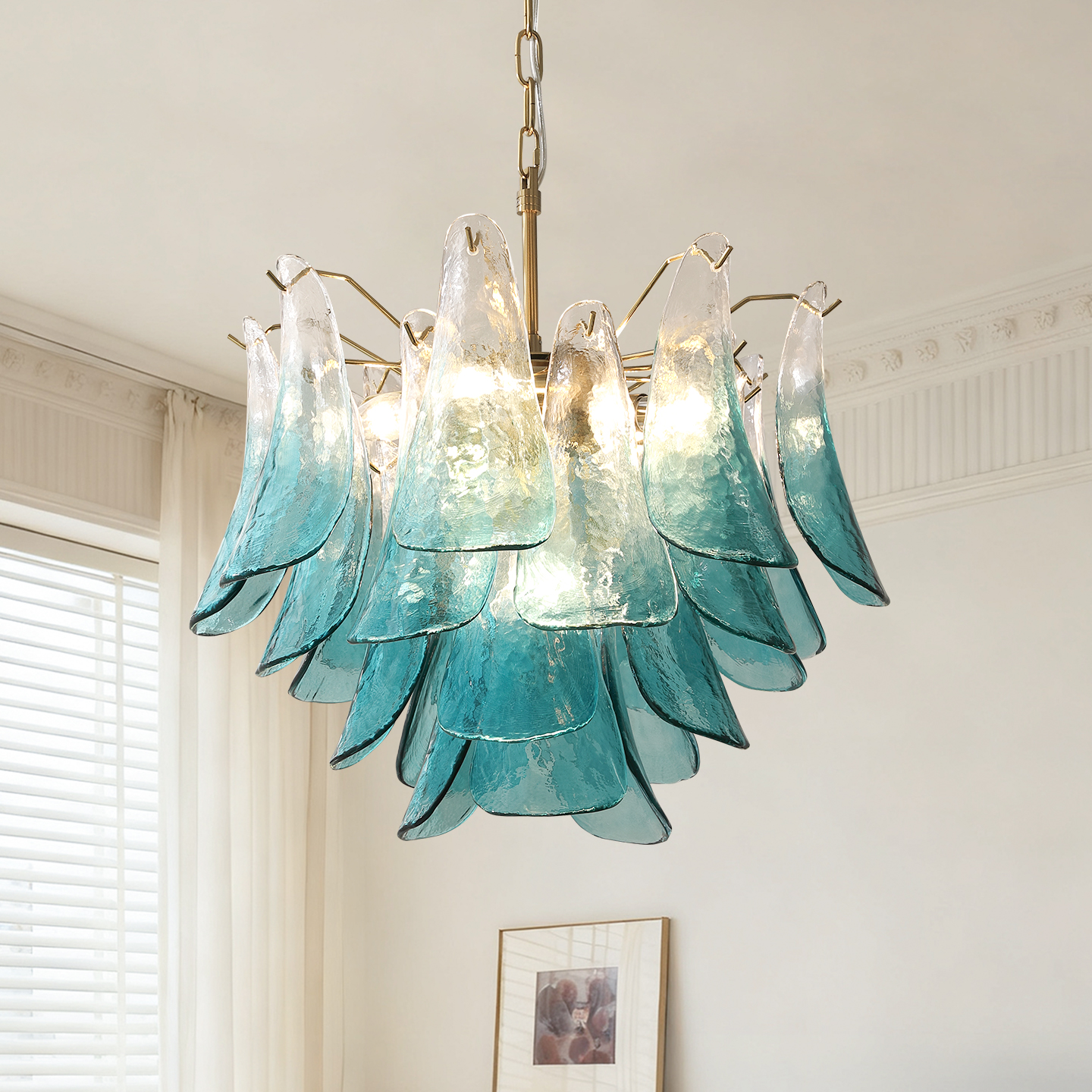 法式中古风蓝色花瓣玻璃吊灯复古客厅灯卧室书房别墅复式楼餐厅灯