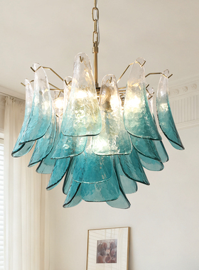 法式中古风蓝色花瓣玻璃吊灯复古客厅灯卧室书房别墅复式楼餐厅灯